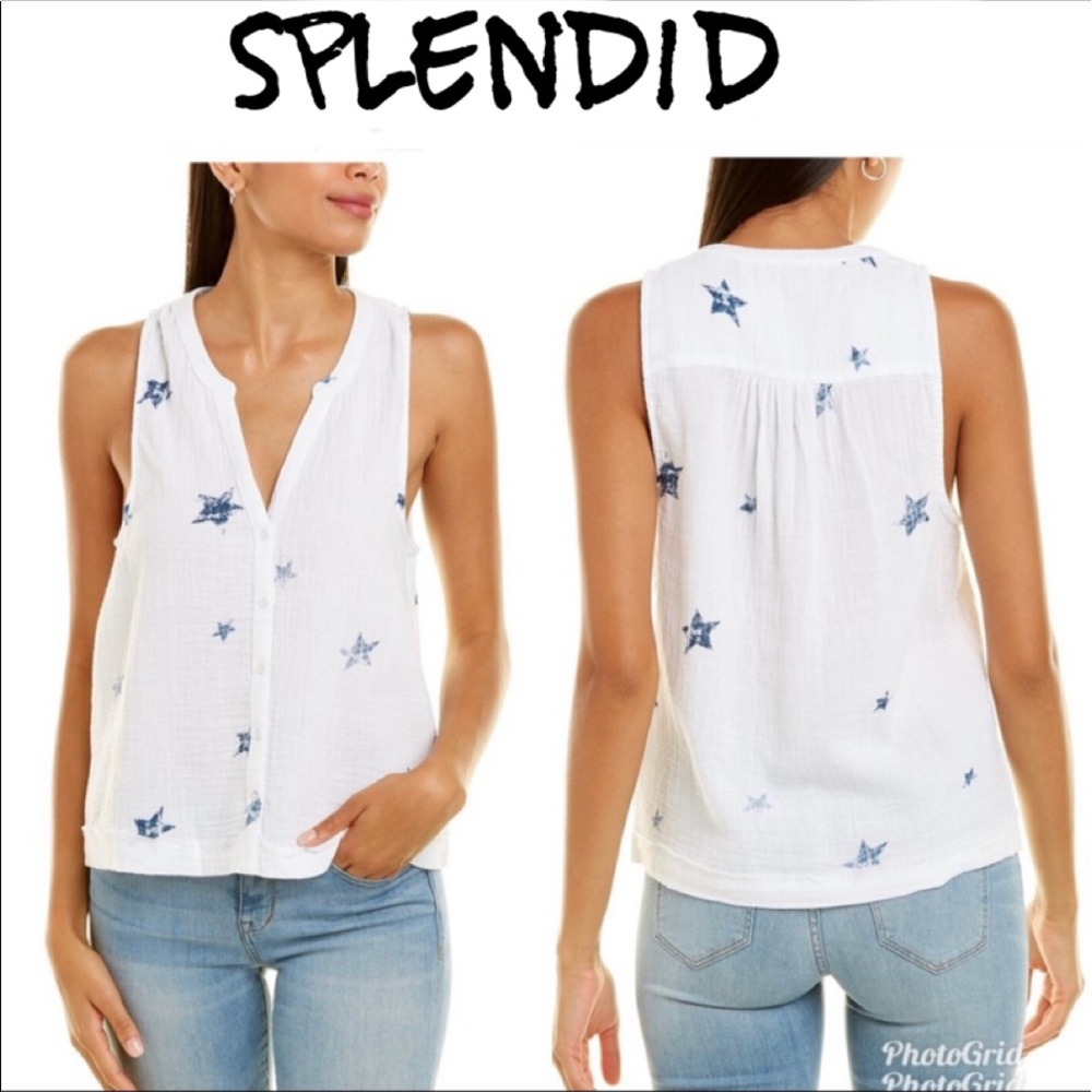 Splendid Stars White and Blue Cotton Gauze Tank Top Size Medium
